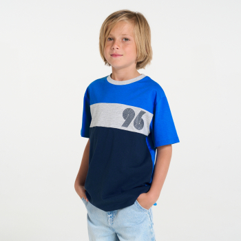 تيشيرت بأكمام قصيرة، بكتلة لون أزرق، للفتيان.الصغار.